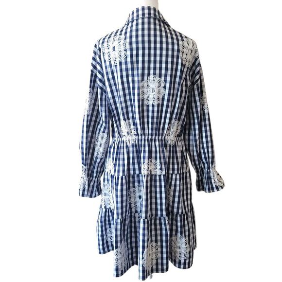 Gracia Floral Navy/White Check Embroidered Mini Dress, Country-Chic, Picnic - Picture 5 of 13